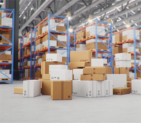 Förpackningar i en fabrikslokal.