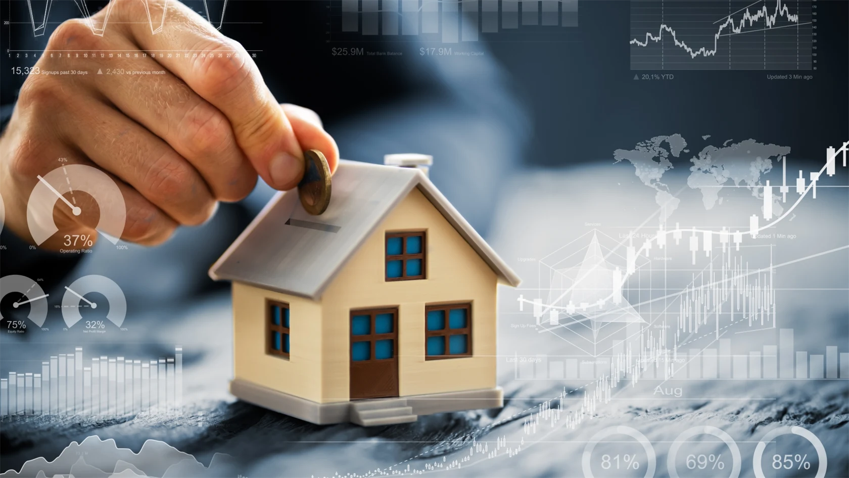 56572475-hand-putting-coin-in-house-piggy-bank.