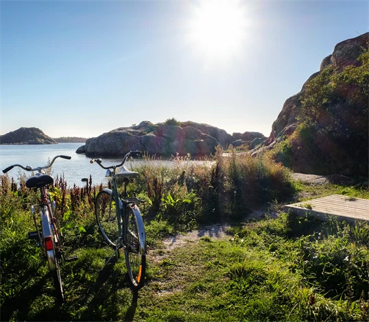 Somrig bild på två cyklar i skärgårdsmiljö.